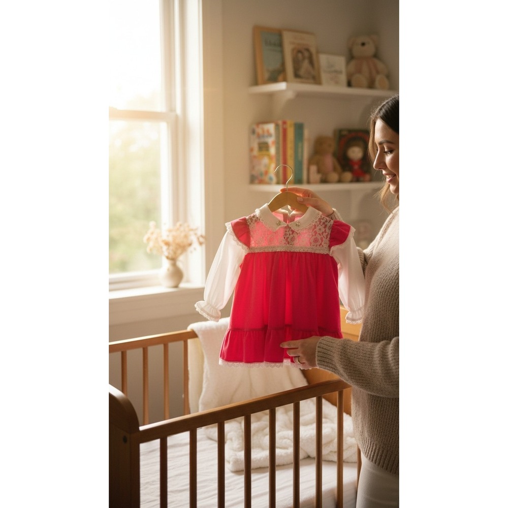 Vintage Velour Lace‎ Baby Dress Retro Holiday Outfit Infant Party Dress, 6M